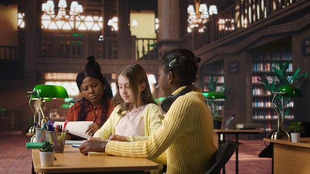 A diverse group of college students studying together at a campus library, symbolizing collaboration, learning, and the pursuit of higher education with support from federal grants.