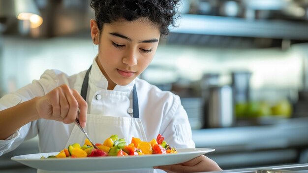 A student in a culinary arts program expertly preparing a dish in a professional kitchen setting. The focus is on the student's concentration and skill, with gleaming stainless steel equipment and fresh ingredients surrounding them.