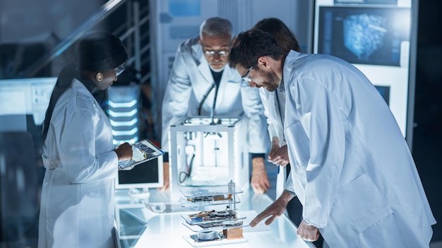 Three technicians working on advanced diagnostic equipment in a healthcare setting. The focus is on the collaborative nature of the work and the sophisticated technology they are using.